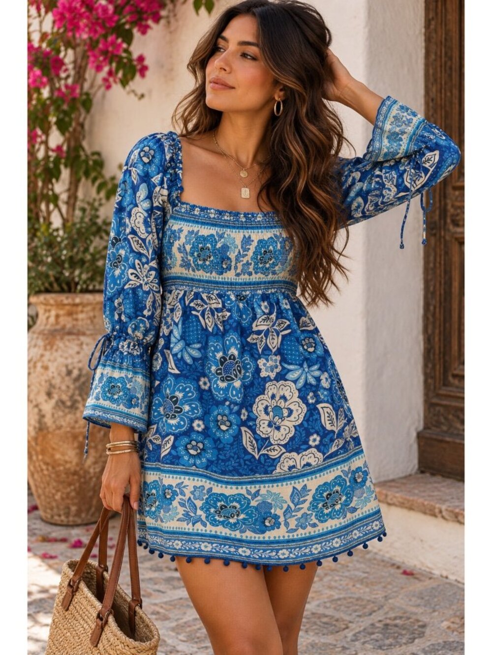 FARM Rio Blue Floral Smocked Mini Dress Size L Boho Bell Sleeve